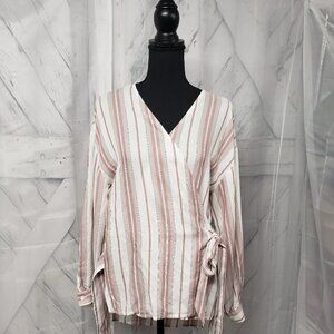 Soho Jeans Pink Striped True Wrap Blouse Size L